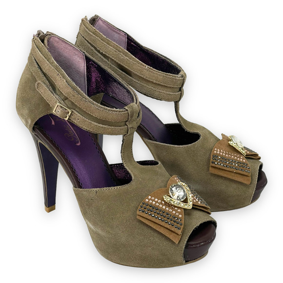 Poetic License Shoes - NEW Poetic License Manhattan brown suede jeweled bow platform sz 8, 8.5